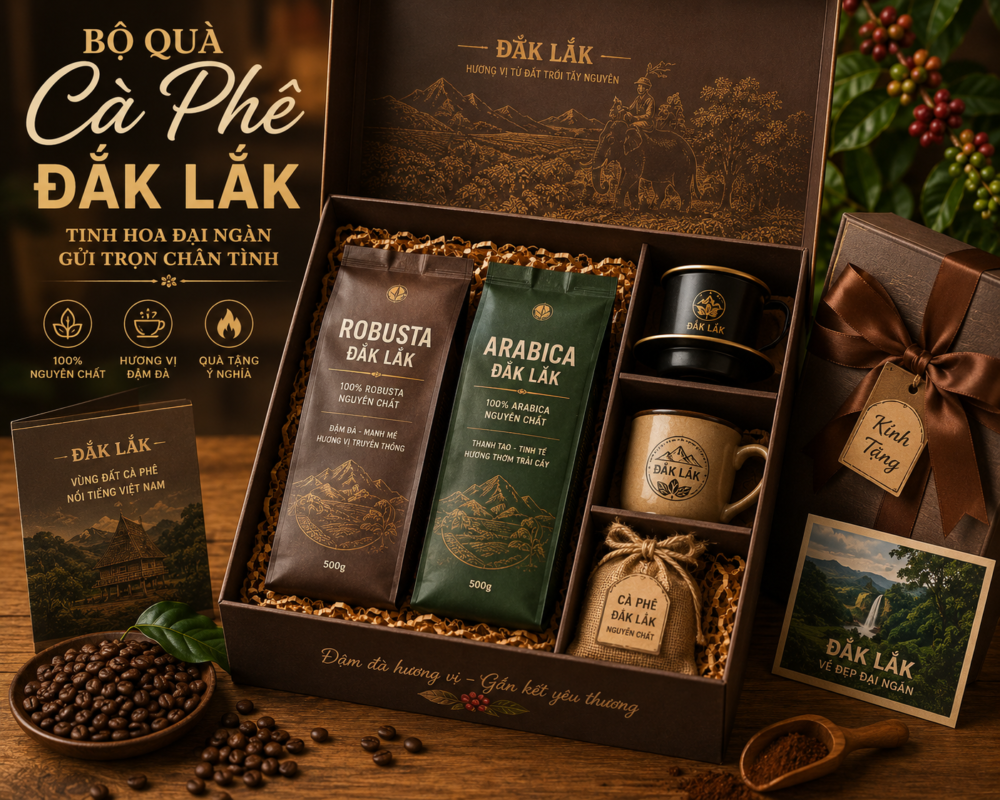 Hộp combo bộ quà cà phê Đắk Lắk cao cấp làm quà tặng lưu niệm