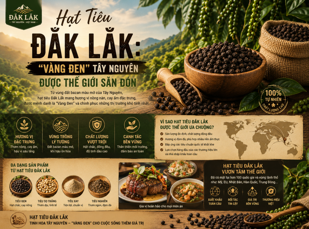 Sản phẩm hạt tiêu Đắk Lắk hữu cơ xuất khẩu