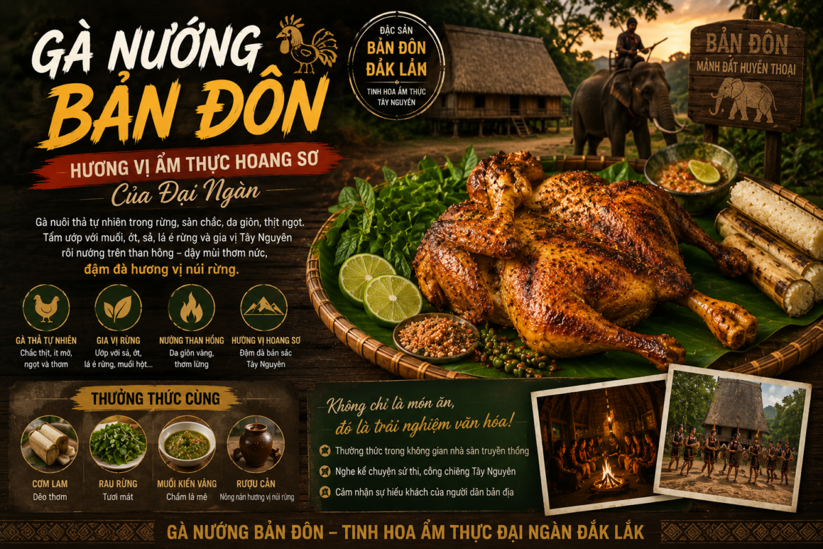 Món gà nướng Bản Đôn ăn kèm cơm lam đặc sản Đắk Lắk