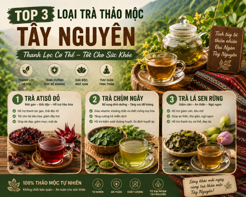 Các loại trà thảo mộc Tây Nguyên thiên nhiên thanh lọc cơ thể tốt cho sức khỏe